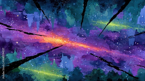 Abstract watercolor painting of a galaxy with vibrant colors and cosmic elements in space photo