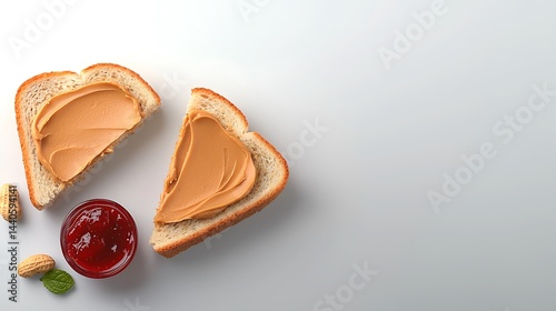 Two open sandwiches with peanut butter and a side of jam on a white background