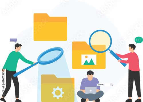Illustrating teamwork in digital file management, three individuals engage with folders and search tools. They emphasize organization, communication, and technology in a digital workspace

