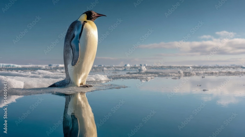 Obraz premium An emperor penguin stands tall on a frozen landscape, gazing over the icy waters that mirror the vibrant sky. The unique setting captures a moment of tranquility in the Antarctic wilderness