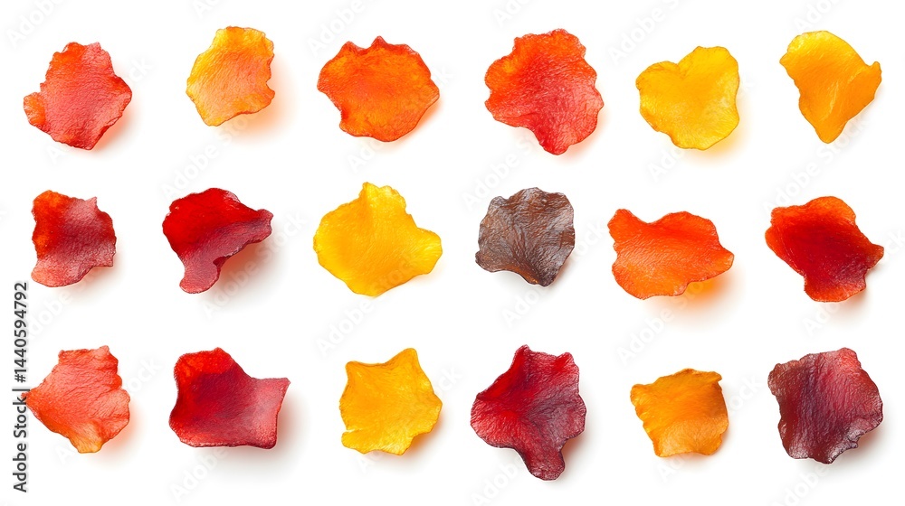Fototapeta premium Assorted colorful, petal-shaped snacks arranged in rows against a white background. Perfect for food blogs, packaging, or culinary websites.