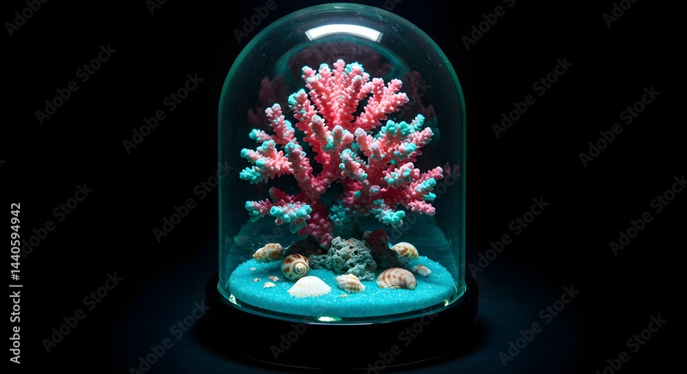 Encased in glass, a vibrant pink and teal coral centerpiece, surrounded by seashells on a bed of teal sand, creates a captivating underwater scene.