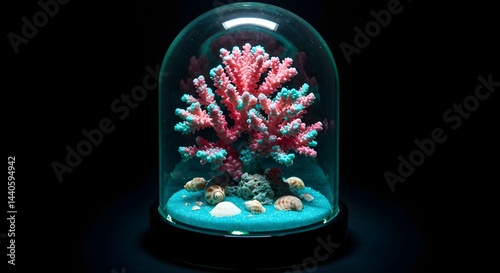 Obraz na płótnie Encased in glass, a vibrant pink and teal coral centerpiece, surrounded by seashells on a bed of teal sand, creates a captivating underwater scene. w salonie
