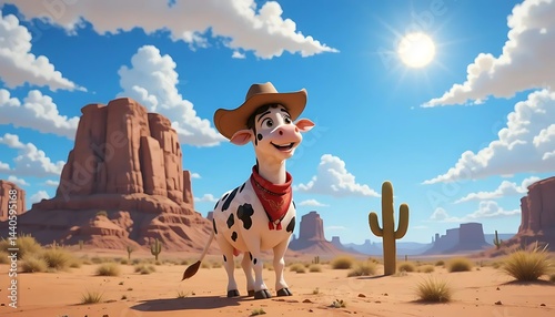 Cowboy Cartoon Cow – Wild West Farm Fun	Funny cartoon cow wearing a cowboy hat and bandana, perfect for western-themed branding, kid's parties, and playful agricultural ads
