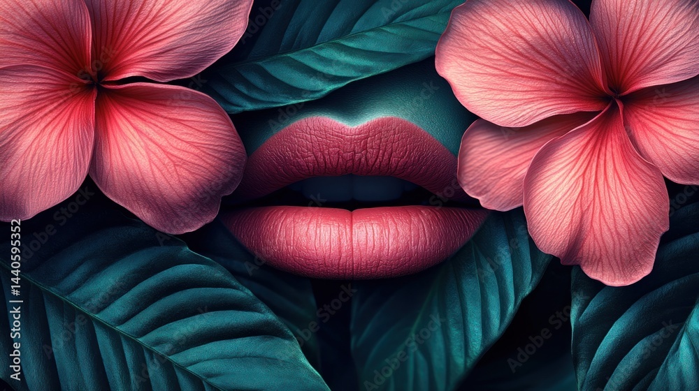 Obraz premium Lush lips surrounded by tropical flora