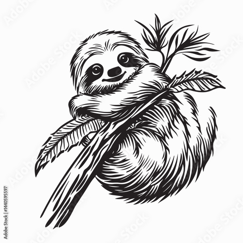 Cute baby sloth hanging on tree branch image vector on white background.