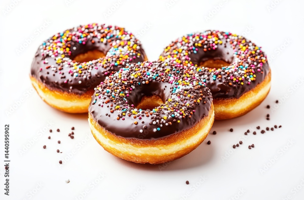 Delicious chocolate glazed donuts topped with colorful sprinkles on a white background, perfect for dessert, bakery, and sweet treat photography Delicious chocolate glazed donuts topped with colorful sprinkles on a white background, perfect for dessert, bakery, and sweet treat photography