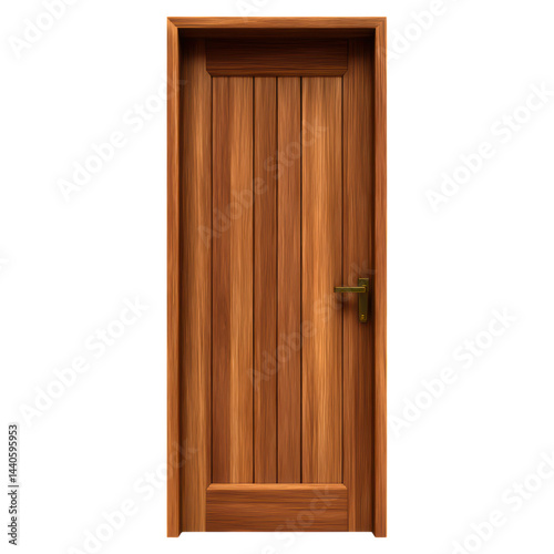 Elegant Wooden Door with Vertical Panels and Gold Handle Design  isolated on transparent background.