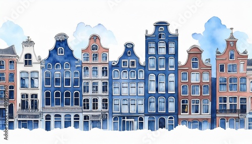 old houses in the center of amsterdam watercolor style background isolated on white delft blue painting design