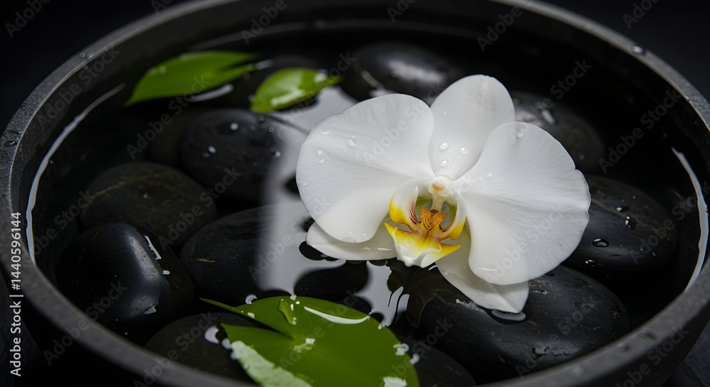 Serene spa setting: A white orchid floats amidst smooth, dark stones and water droplets, creating a tranquil atmosphere.