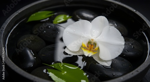 Serene spa setting: A white orchid floats amidst smooth, dark stones and water droplets, creating a tranquil atmosphere.