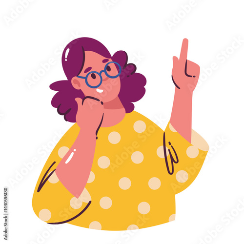 Thinking woman with glasses and yellow sweater, touching her chin and raising one finger as if realizing an idea. Cartoon doodle vector illustration of lady for creative projects, web, or education.