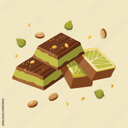 Pieces of chocolate bars with pistachios and knafeh on white table, closeup