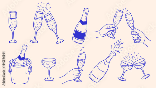 and-drawn champagne celebration set with doodles of toasting glasses, popping bottles, and bubbly drinks, ideal for party invitations, holiday cards, wedding events, and festive decorations.
