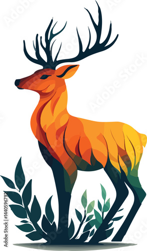 A wild deer, a brown mammal with antlers, is illustrated in a nature-filled forest