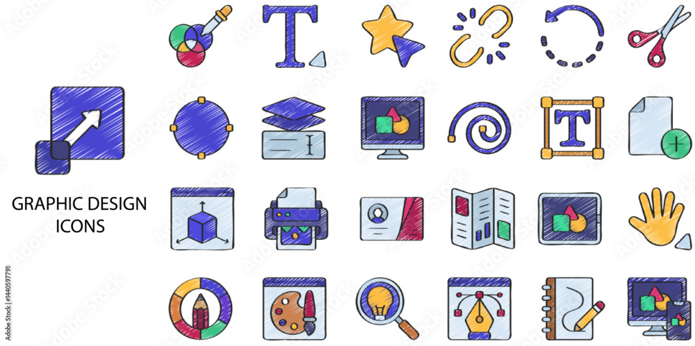 Fototapeta premium Graphic design simple concept 24 color icons set. Contains such web design, draw, illustration, portfolio, website, creativity, art, painting, print etc. Vector illustration.