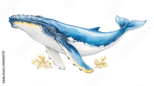 A stunning watercolor illustration of a humpback whale swimming gracefully.