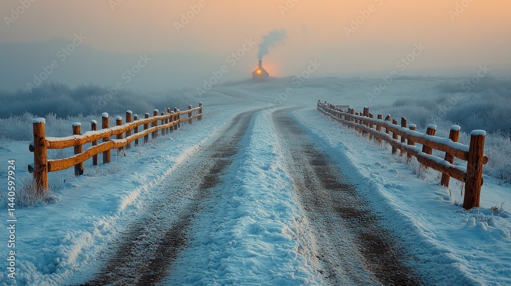 Obraz premium Winter Wonderland: A Serene Snow-Covered Road Leading to a Distant Cabin