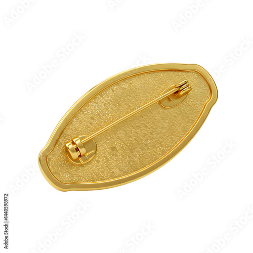Elegant gold oval pin with fastening mechanism isolated on white backdrop