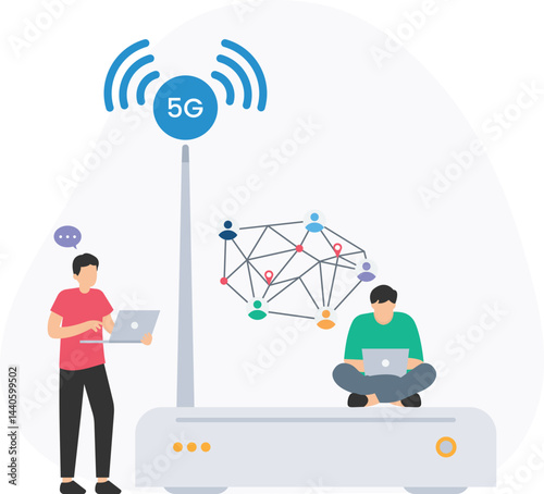 Illustration of two individuals interacting with digital devices, highlighting 5g technology. One person uses a laptop, while network connections emphasize digital communication


