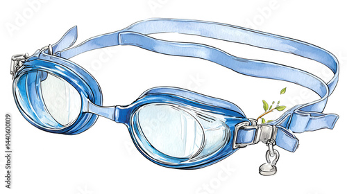 Blue swimming goggles watercolor illustration with sprout and metal pendant.