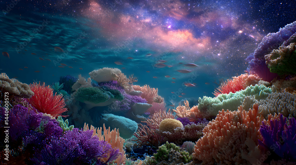 Naklejka premium Enchanted coral reef garden under a celestial sky with stars and colorful formations underwater