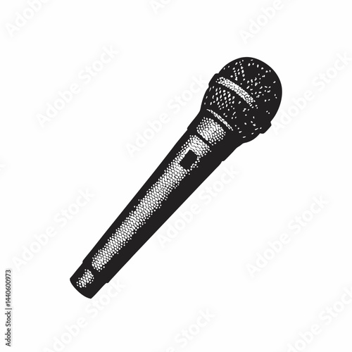 Detailed microphone illustration, dynamic handheld mic, black and silver, professional audio equipment, textured metal surface, realistic rendering, high contrast, audio technology, performance tool, 