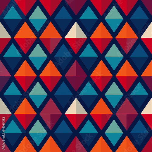 geometric triangle pattern, vibrant colors, navy blue, red, teal, sharp angular shapes, seamless repeating motif, opulent, luxurious, high-end, intricate, detailed, digital art, vector illustration

