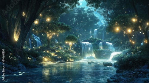 Enchanting night forest scene with waterfalls and glowing lights.