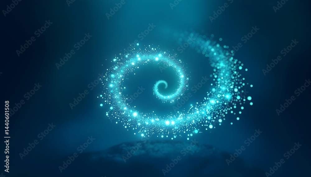 Glowing teal spiral of light particles floats above a dark surface. Abstract fantasy art.