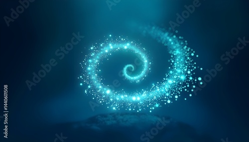 Obraz na płótnie Glowing teal spiral of light particles floats above a dark surface. Abstract fantasy art. w salonie