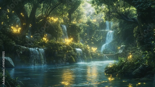 Magical forest river scene with waterfalls and fireflies.