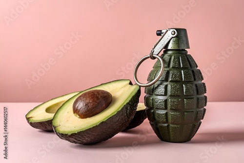 Avocado Grenade Art – Whimsical Still Life with Playful Fruit Design on Pink Background