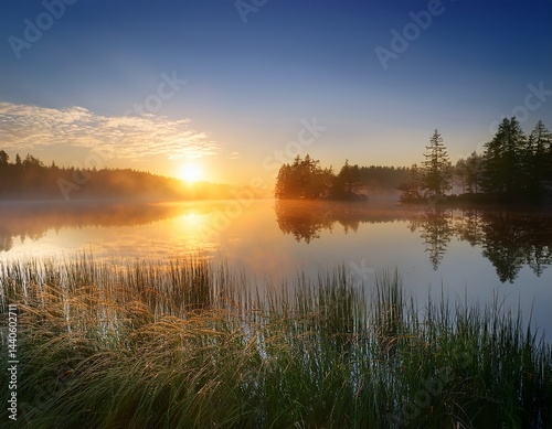 early sunrise casts a warm gentle glow over a quiet lake cloaked in soft light morning mist vertical