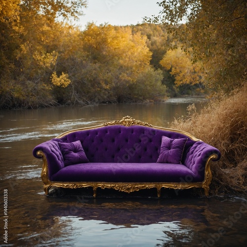 A royal purple sofa beside a sparkling golden river.