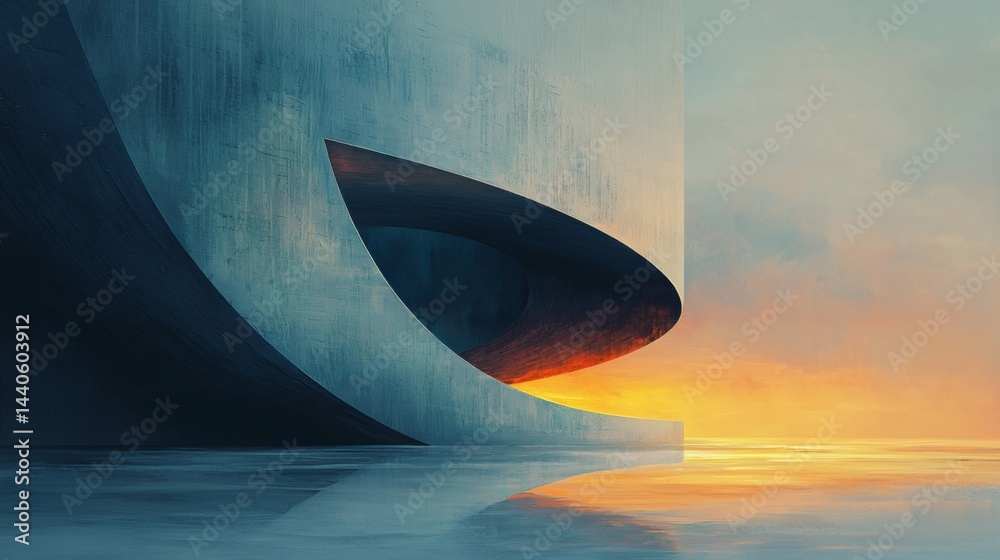 a painting of a large structure with a sunset in the background