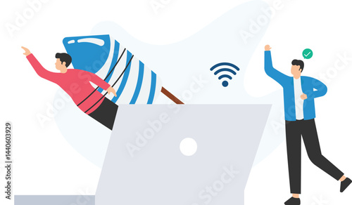 Businessman celebrating successful online project launch, propelling himself from laptop using rocket, symbolizing fast and efficient online business growth with strong internet connection

