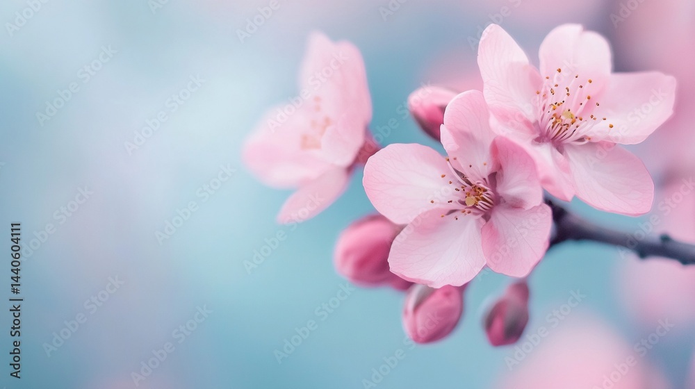a close up of a pink flower on a branch with a blue background