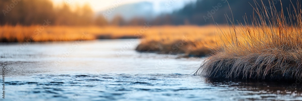 a river with a grassy bank and a few trees in the background