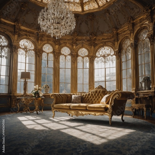 A luxurious gold-accented sofa inside a shining crystal palace.