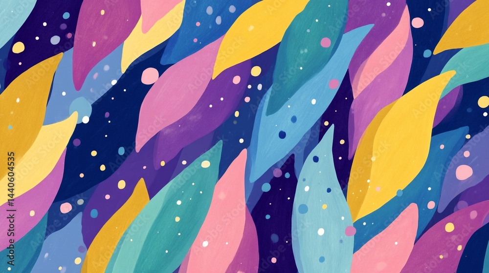 A colorful painting of leaves with a blue background