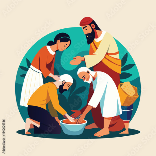 Servant leadership washing of feet in biblical humility vector	