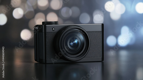 Modern Black Camera on Table with Bokeh Background and Bright Lights