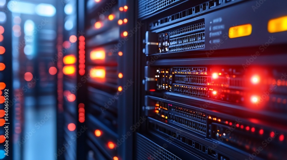 Servers Operate in Data Center, Lit by Red and Orange Lights Against Dark Background