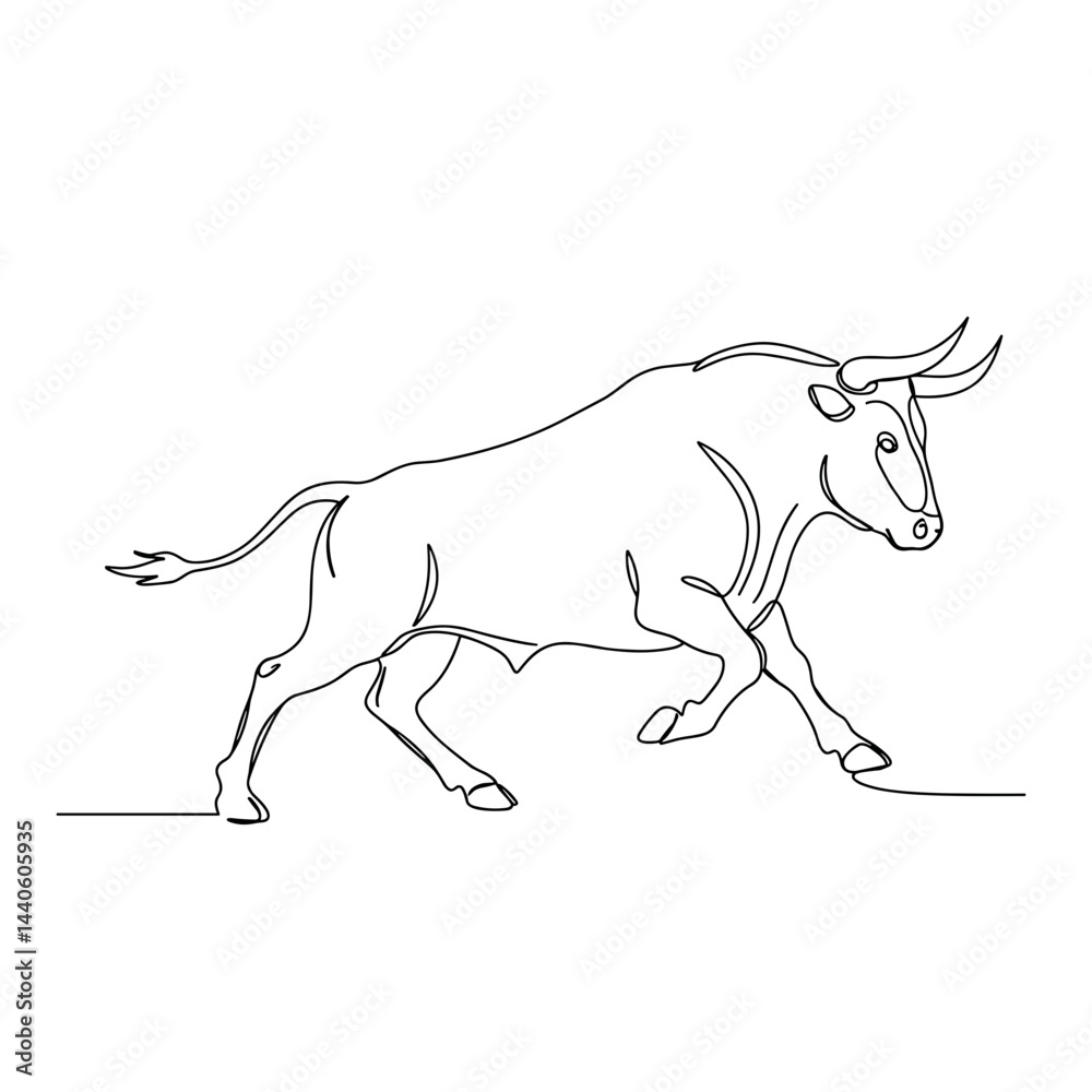 Fototapeta premium Abstract Bull Walking in Minimalist Line Art Style 