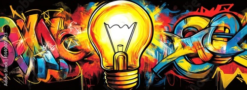 Vibrant graffiti art with glowing lightbulb