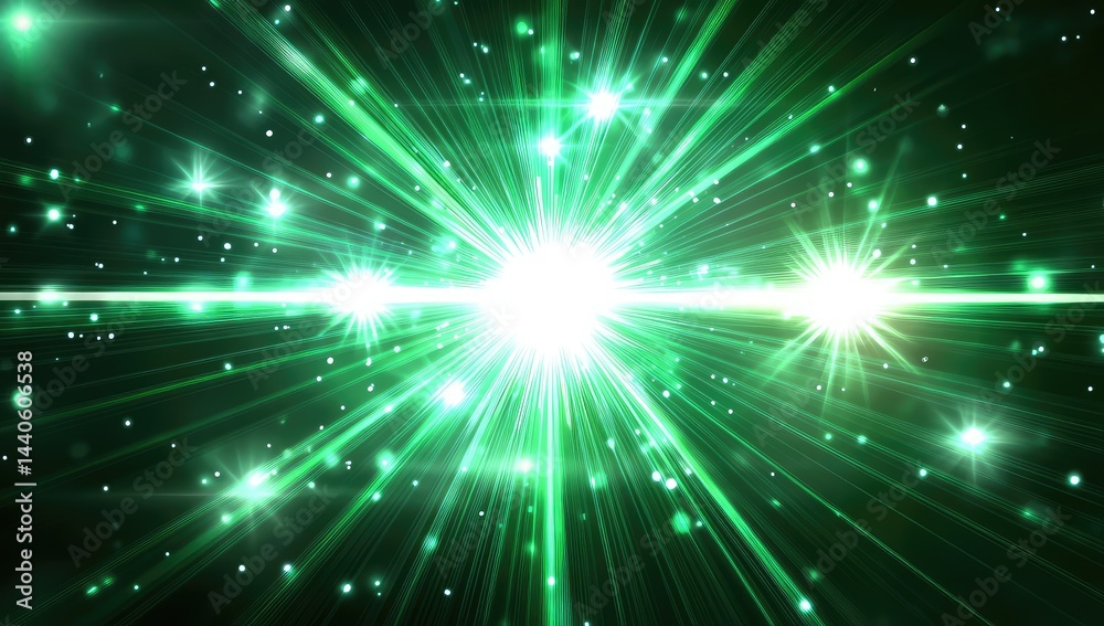 Fototapeta premium Glowing green cosmic explosion with bright rays and stars