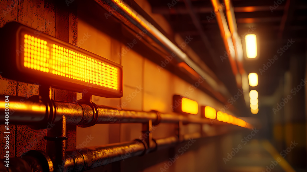 Fototapeta premium Industrial pipes along a corridor wall, illuminated by bright orange LED lights in a dimly lit, modern facility.