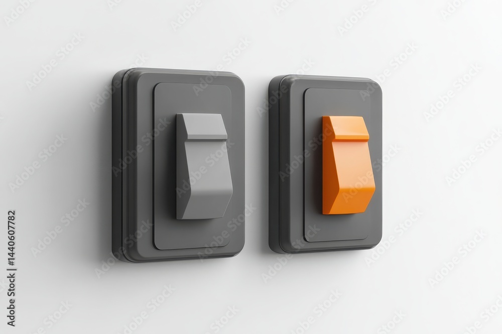 A 3D-rendered illustration of a toggle switch with gray and orange sliders in off and on positions, showcasing modern and functional design. A 3D-rendered illustration of a toggle switch with gray and orange sliders in off and on positions, showcasing modern and functional design.