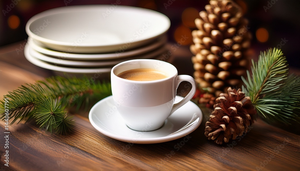 white cup of coffee standing on a wooden table against the background of pine cones and dishes white cup of coffee standing on a wooden table against the background of pine cones and dishes